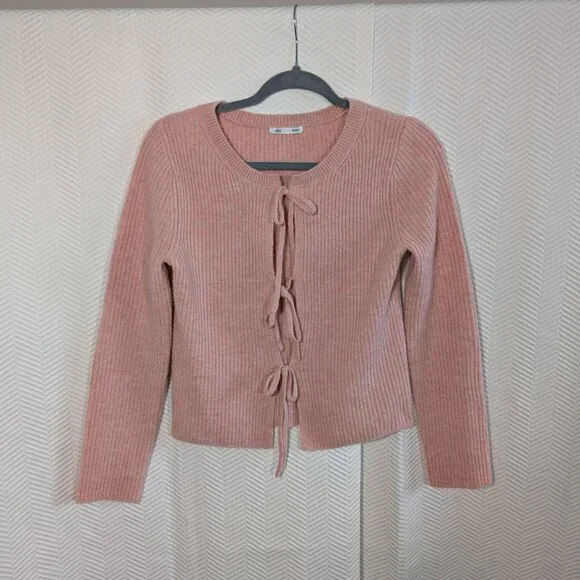GU Front Ribbon Tie Pink Ribbed Knit Cardigan Size Small Balletcore Softgirl - Picture 6 of 10